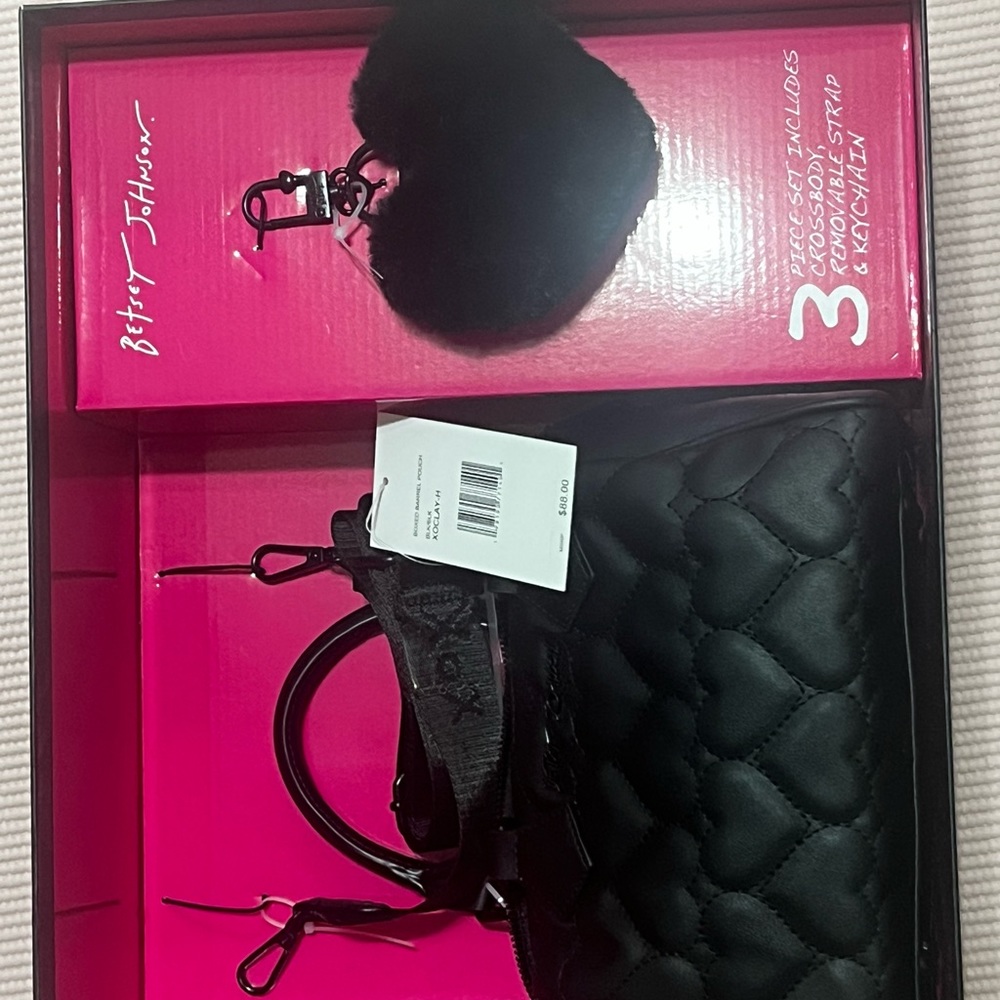 Betsey Johnson Quilted Black Handbag with Heart Keychain